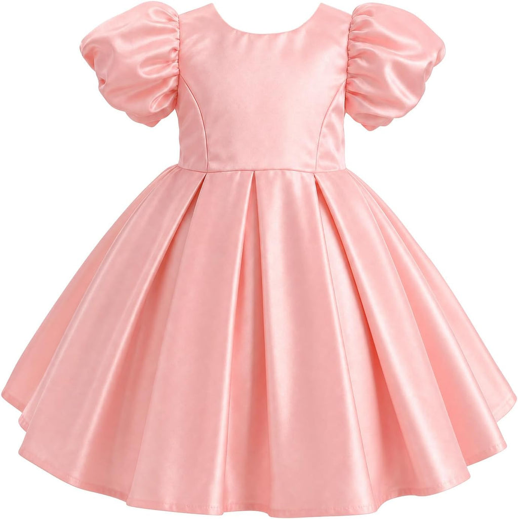 Toddler Flower Girl Dress V-Back Bow Satin Birthday Pageant Dresses