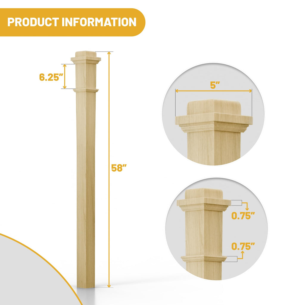 Poplar Box Newel Post 3.5" x 58", Hollow Box Newel Wood Balusters for Staircase Interior, Square Design, 3⁄4" Thick