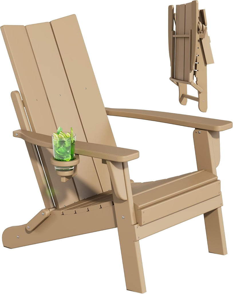 Folding Adirondack Chairs, All-Weather Resistant HDPE Patio Firepit Chairs, Sturdy Outside Chairs with Cup Holder