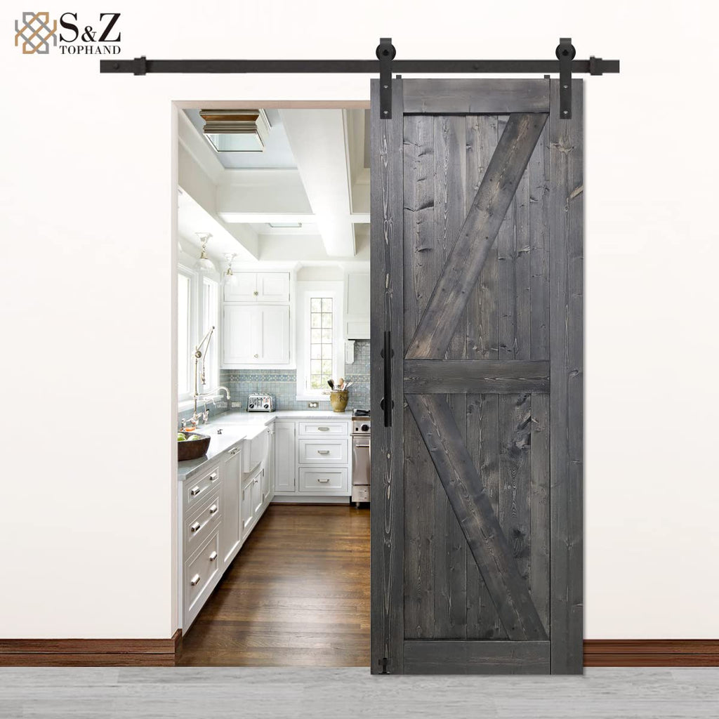 28in x 84in Deep Gray Knotty Pine Barn Door with 5FT Sliding Hardware Kit/Solid Wood/Simple Assembly is Required