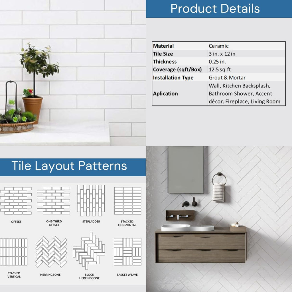 White 3x12 Matte Ceramic Subway Tile Backsplash Bathroom Wall Shower Accent - 12.5 Sqft Box (50 Pieces)