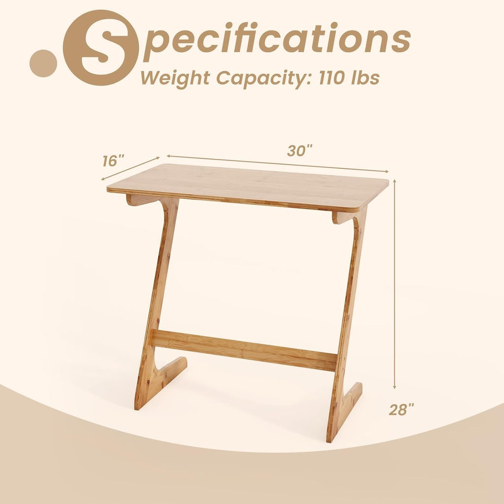 Bamboo TV Tray Sofa Side Table, Z-Shaped Couch Table with 30" x 16" Tabletop, Space-Saving Snack Laptop Desk, Quick