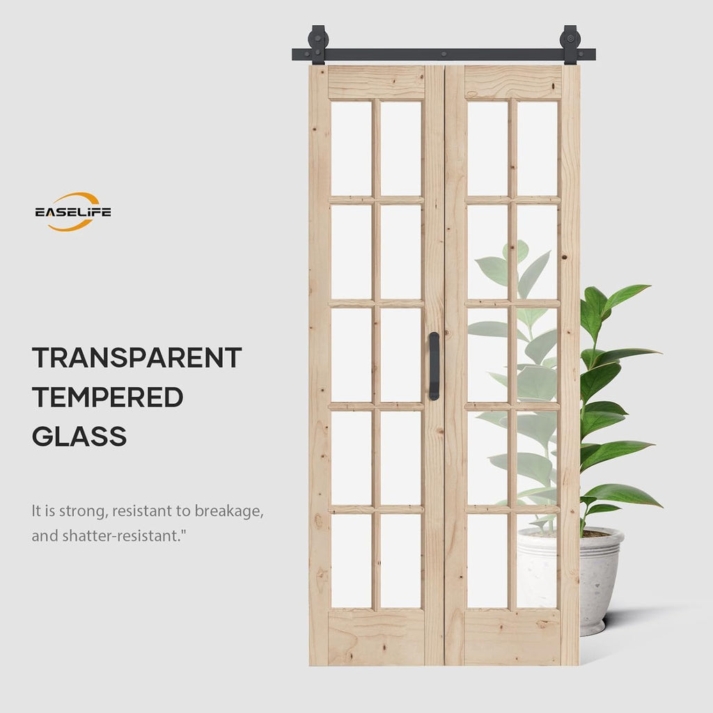 36 x 84 in (Double 18x84 inch) Bifold French Glass Door,Sliding Folding Barn Doors with 3.3FT Hardwa