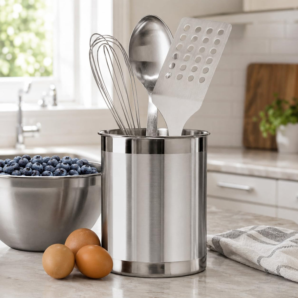 Stainless Steel Utensil Holder - 5" Diameter, Utensil Caddy, Weighted Base for Stability - Larger-Sized Utensil Crock