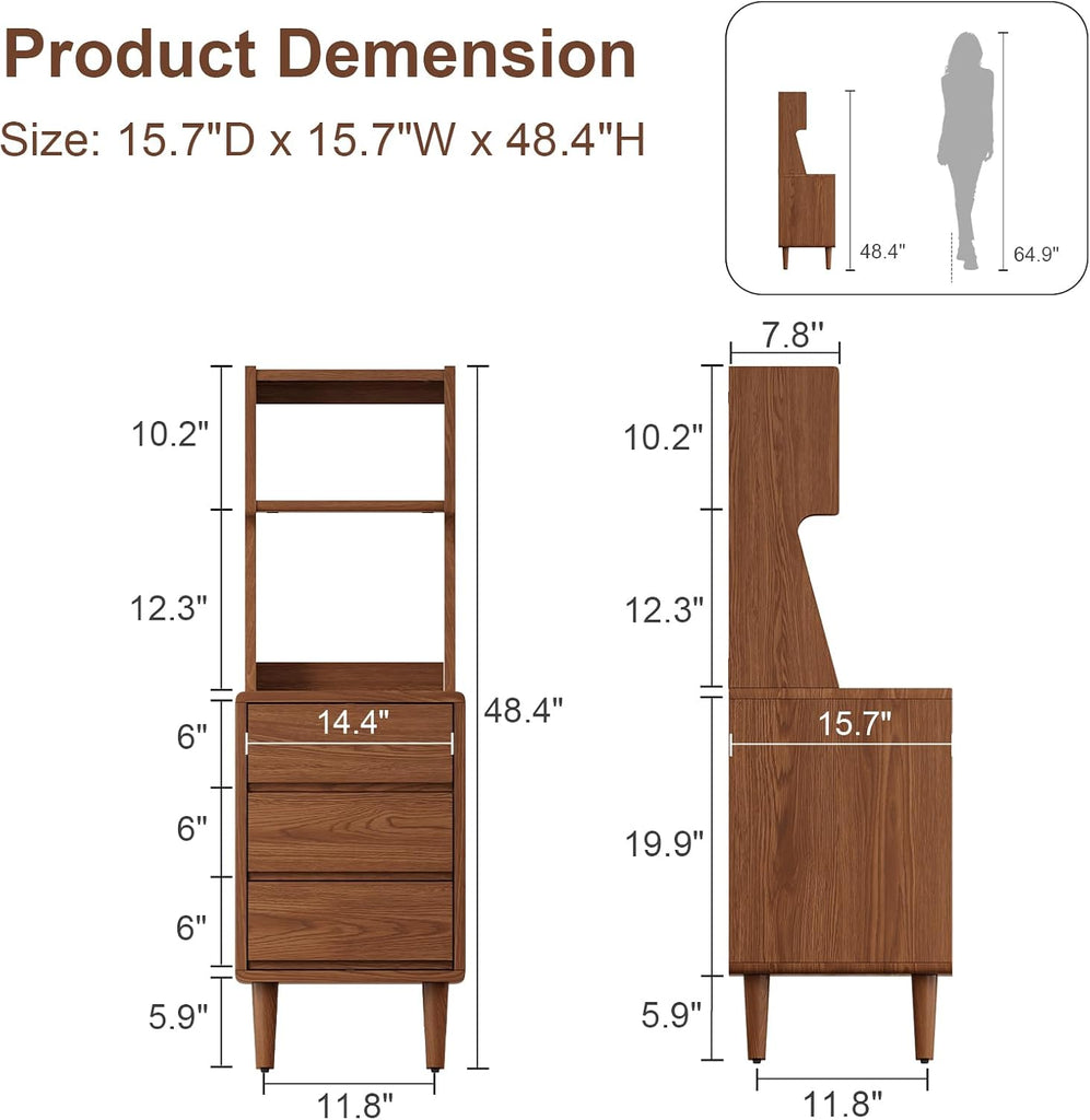 Solid Wood Bookshelf Nightstand Combo, Tall Nightstand with Bookshelf | Walnut Nightstand Bookshelf,Narrow Nightstand