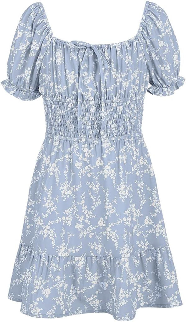 Girls' Summer Floral Dress Kids 2025 Puff Sleeve Square Neck Smocked Flowy Sun Dresses