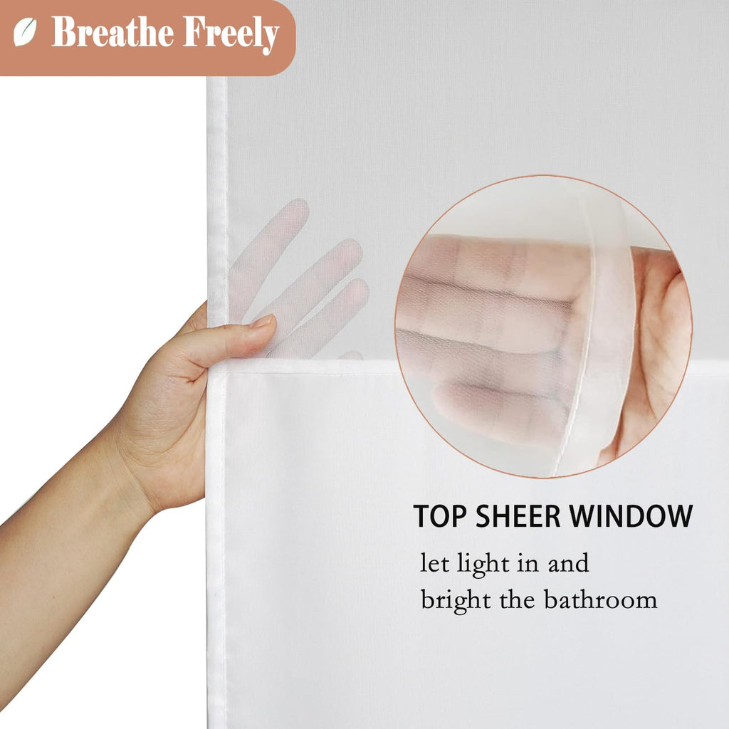 White Shower Curtain with Light Filtering Window, Stall Size Fabric Shower Curtain Liner, 48 x 72 Inch