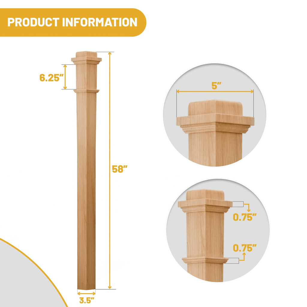 White Oak Box Newel Post 3.5" x 58", Hollow Box Newel Wood Balusters for Staircase Interior, Square Design, 3⁄4"