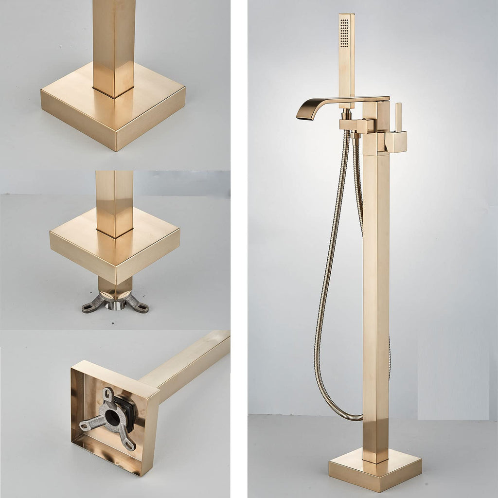 Freestanding Bathtub Faucet Brushed Gold Floor Mount Waterfall Tub Filler High Flow with Hand Shower Solid Brass 360