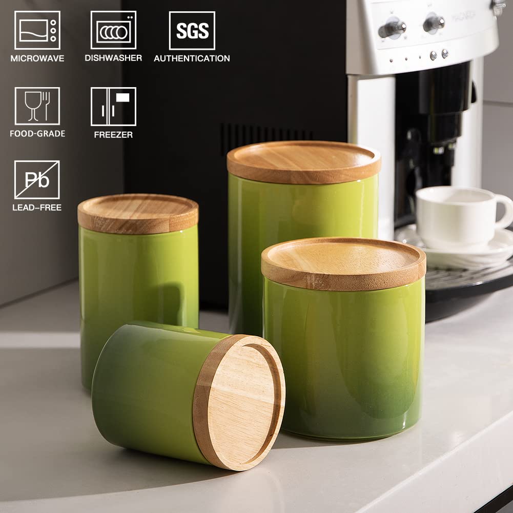 Ceramic Food Storage Jar, Stackable Kitchen Canisters, Containers with Airtight Seal Wooden Lid for Serving Ground