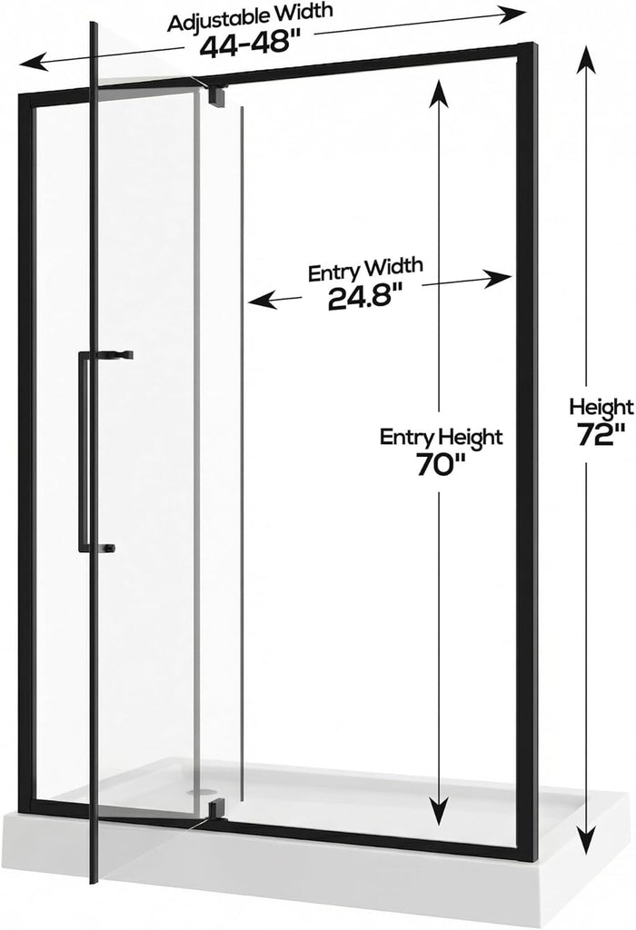 44-48" W x 72" H Pivot Shower Doors, Semi-Frameless Swing Glass Shower Doors Water Repellent