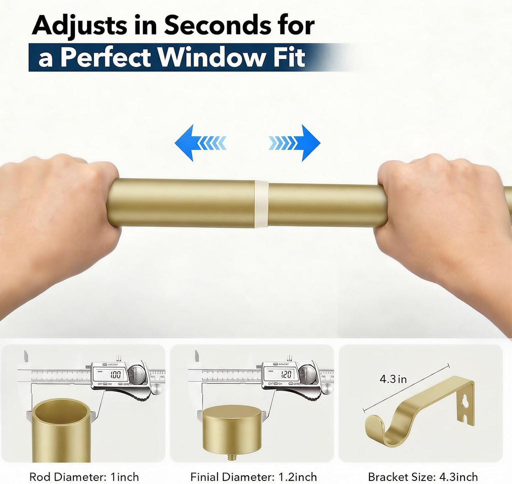 Heavy Duty Curtain Rods for Windows 32 to 120 Inch, 1 Inch Warm Gold Curtain Rod Adjustable with Metal Modern