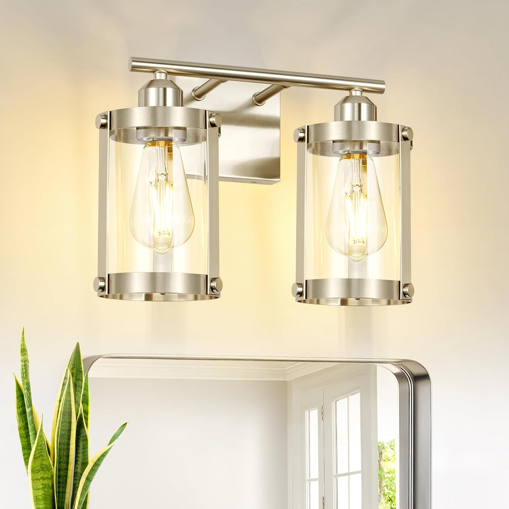2-Light Brushed Nickel Bathroom Light Fixtures, 13.8 Inch Modern Bathroom Vanity Lighting Fixtures Over Mirror with