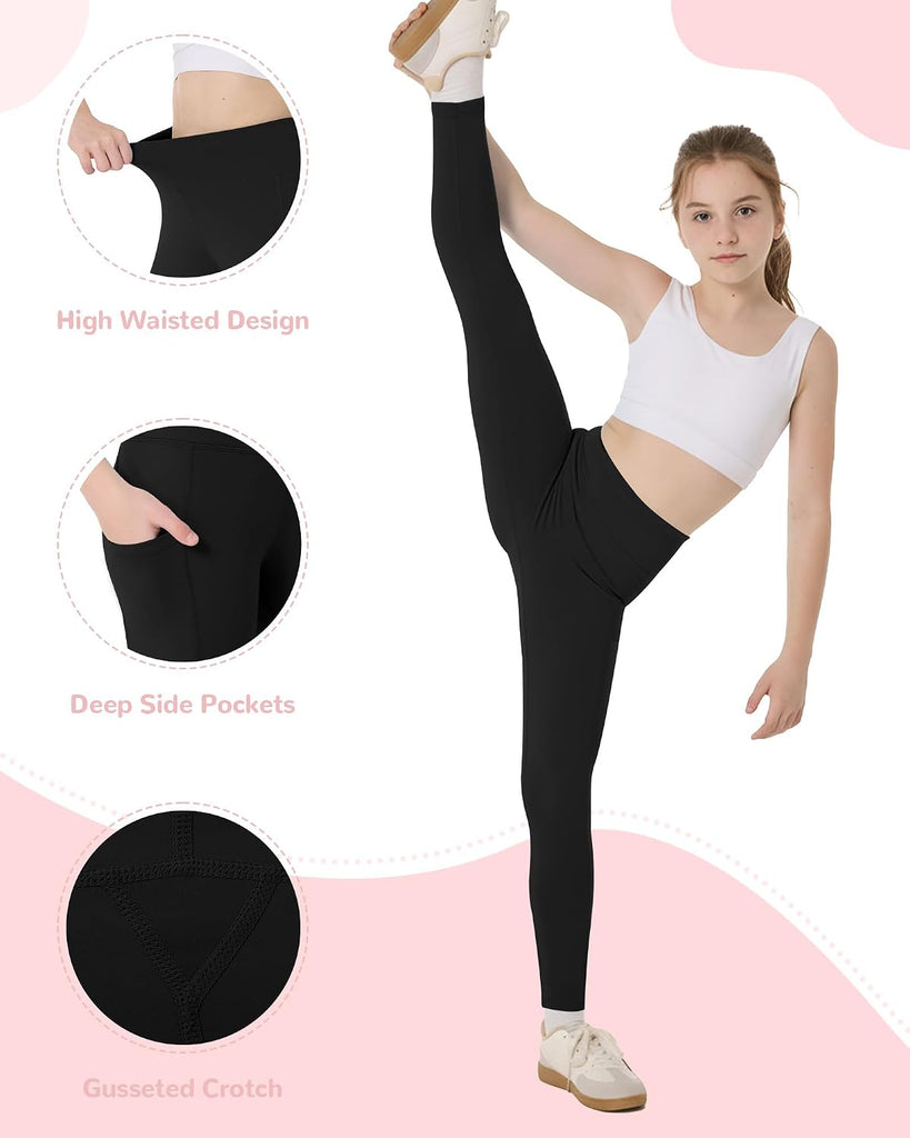 Girls Athletic Leggings with Pockets Kids High Waisted Dance Pants Yoga Workout Running Cheer Gymnastics Tights