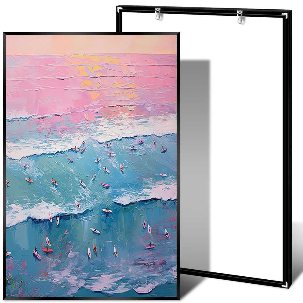 Trendy Summer Wall Art Blue Beach Poster Pink Sky Canvas Preppy Ocean Surf Print Beachy Painting Coastal Picture