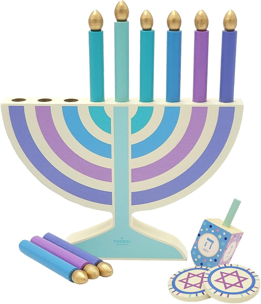Mini Pastel Hanukkah , 2-Pack 5" Inch Children Wooden Chanukah Set with Removable Wooden Candles, 3" Inch Dreidel - Set of 2
