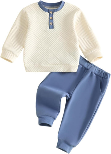 Toddler Boy Fall Winter Clothes Button Crewneck Sweatshirt and Pants Sets