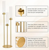 16PCS Gold Candle Holders, 3 Arm Candelabra Centerpiece with Acrylic Lampshade, Tall Metal Candlestick Holder Stand