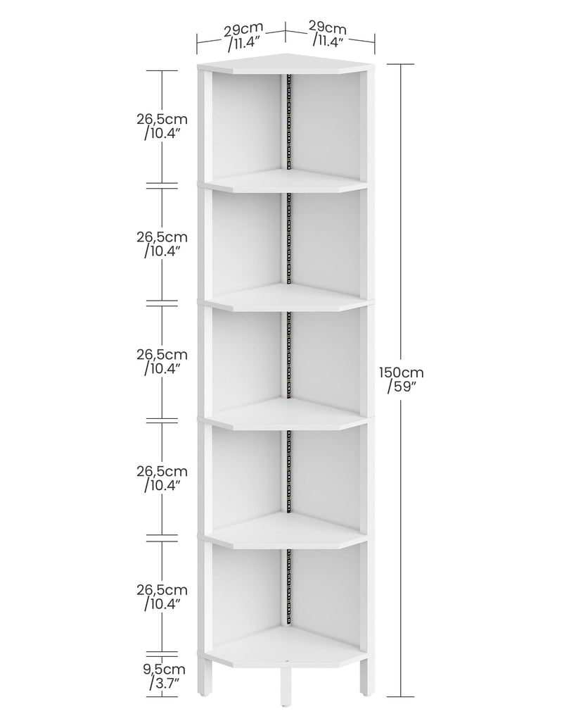 LED Corner Shelf with Lights, 5-Tier Diamond Shape Bookshelf, Standing Narrow Storage Organizer, Study, White