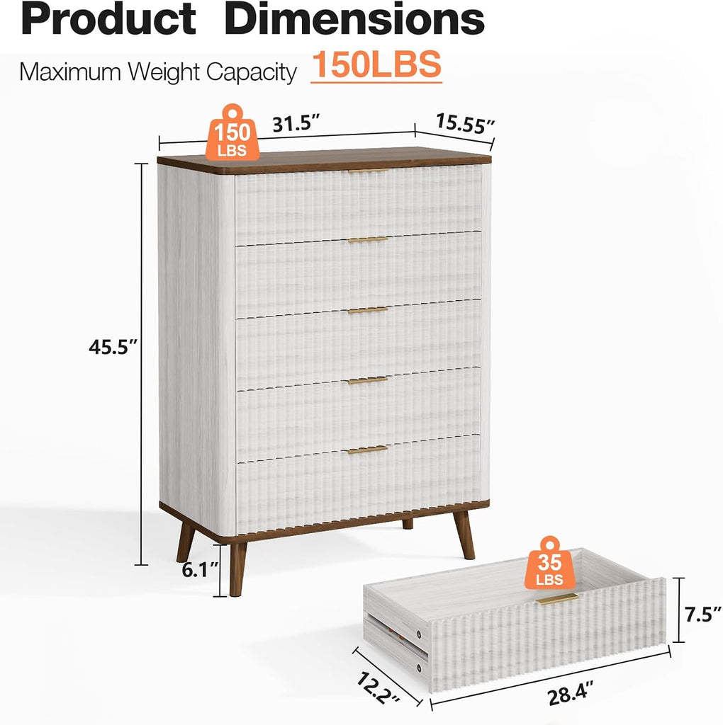 Fluted Wood 5 Drawer Dresser: 45.5" Tall Chest of Drawers, Mid Century Modern Storage Cabinet Nursery, Large Vertical