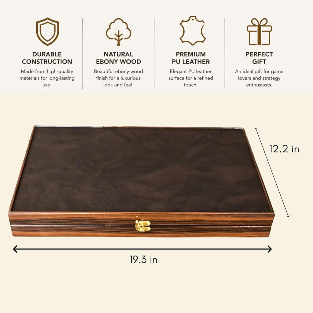 Luxury Turkish Backgammon Set for Adults, XXL 19 Inch Handcrafted Ebony Wood & Vintage PU Leather Backgammon Board