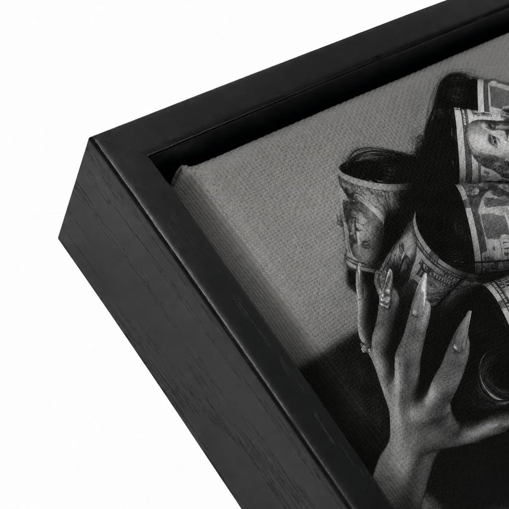 Framed Black and White Fashion Canvas Wall Art Luxury Feminist Picture Wall Decor Trendy Woman with Money on Head