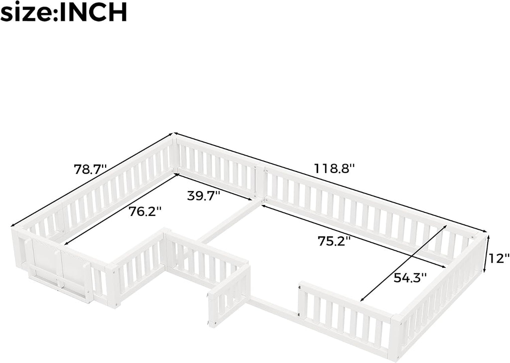 L Shape Double Floor Bed with Bookcase & Lockable Safety Gate, Montessori Bed Frame with Storage for