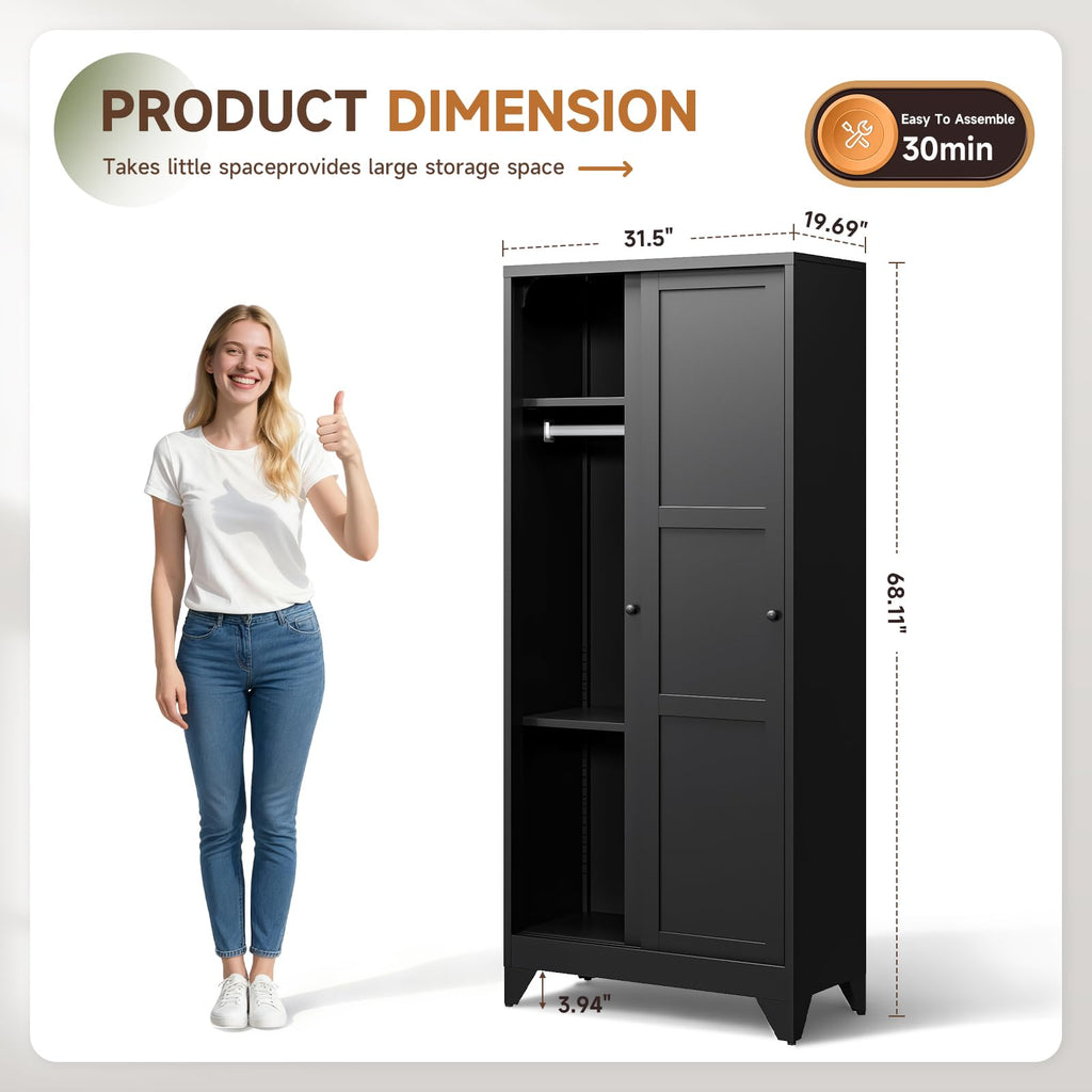 Metal Armoire Wardrobe Closet, 20" Deep Armoire Wardrobe Cabinets with Sliding Doors and Shelves, Narrow Slim Coat