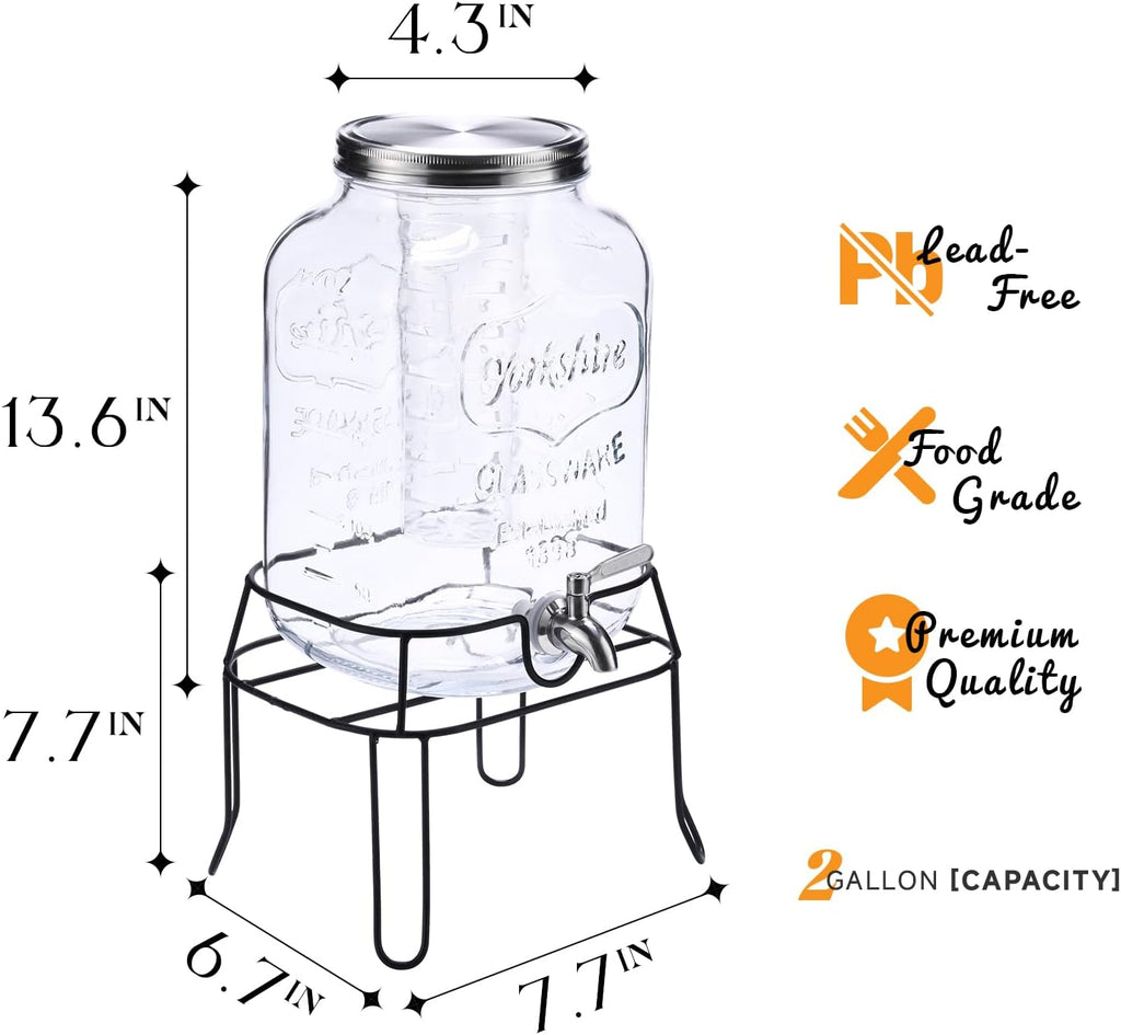 2 Gallon Glass Drink Dispenser,Beverage Dispenser with Stand,Lemonade Dispenser with 304 Stainless Steel Spigot