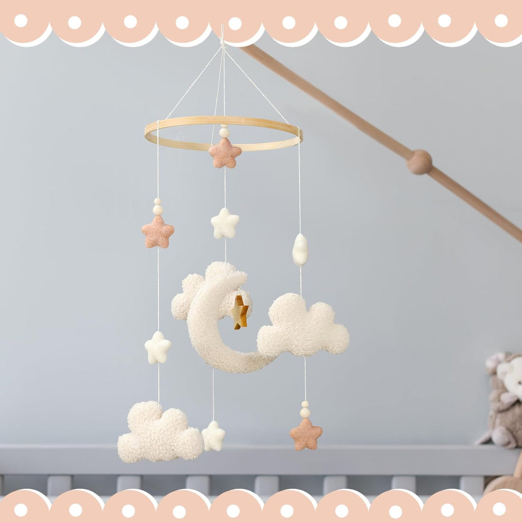 Crib Mobile for Boys Girls, Cute Stars Moon Cloud Boho Gender Neutral Hand-Crocheted Mobile for Baby Nursery Ceiling