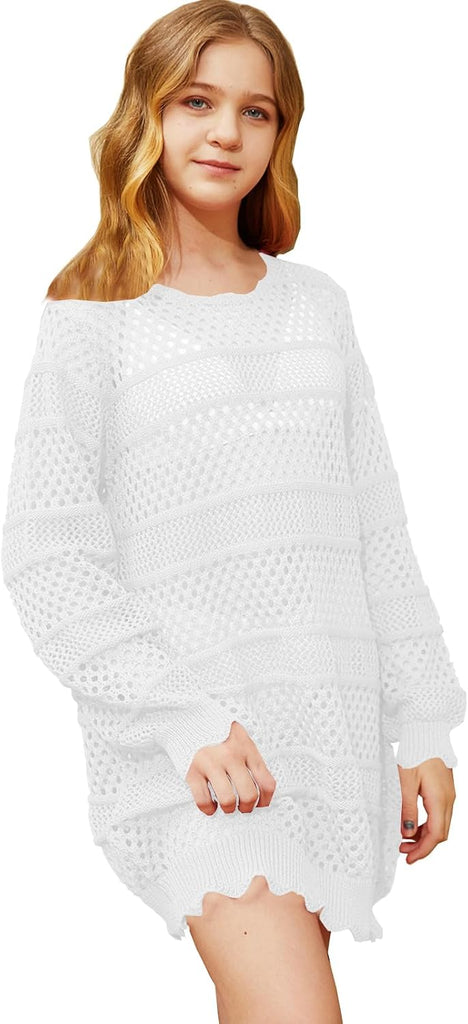 Girls Long Sleeve Swim Coverups Kids Fashion Crochet Beach Dress