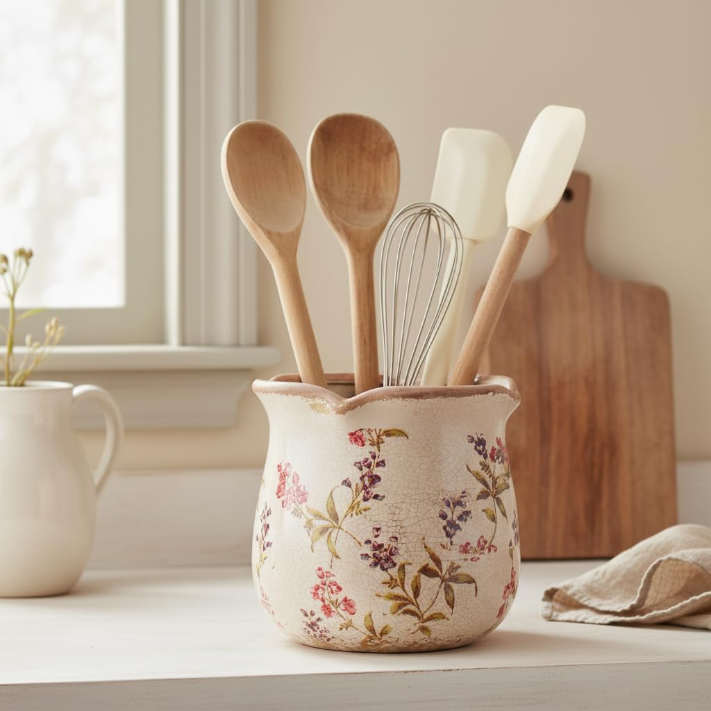 French Farmhouse Ceramic Flower Pot & Utensil Holder for Indoor/Outdoor