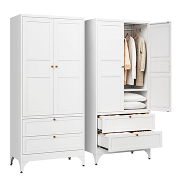 Metal Armoire Wardrobe Closet with Drawers, Clothing Storage Cabinet with Doors and Shelves, Coat Closet with Hanging