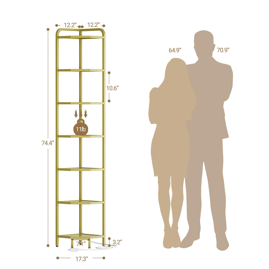 Corner Shelf with LED Lighting, 7-Tier Glass Bookshelf
