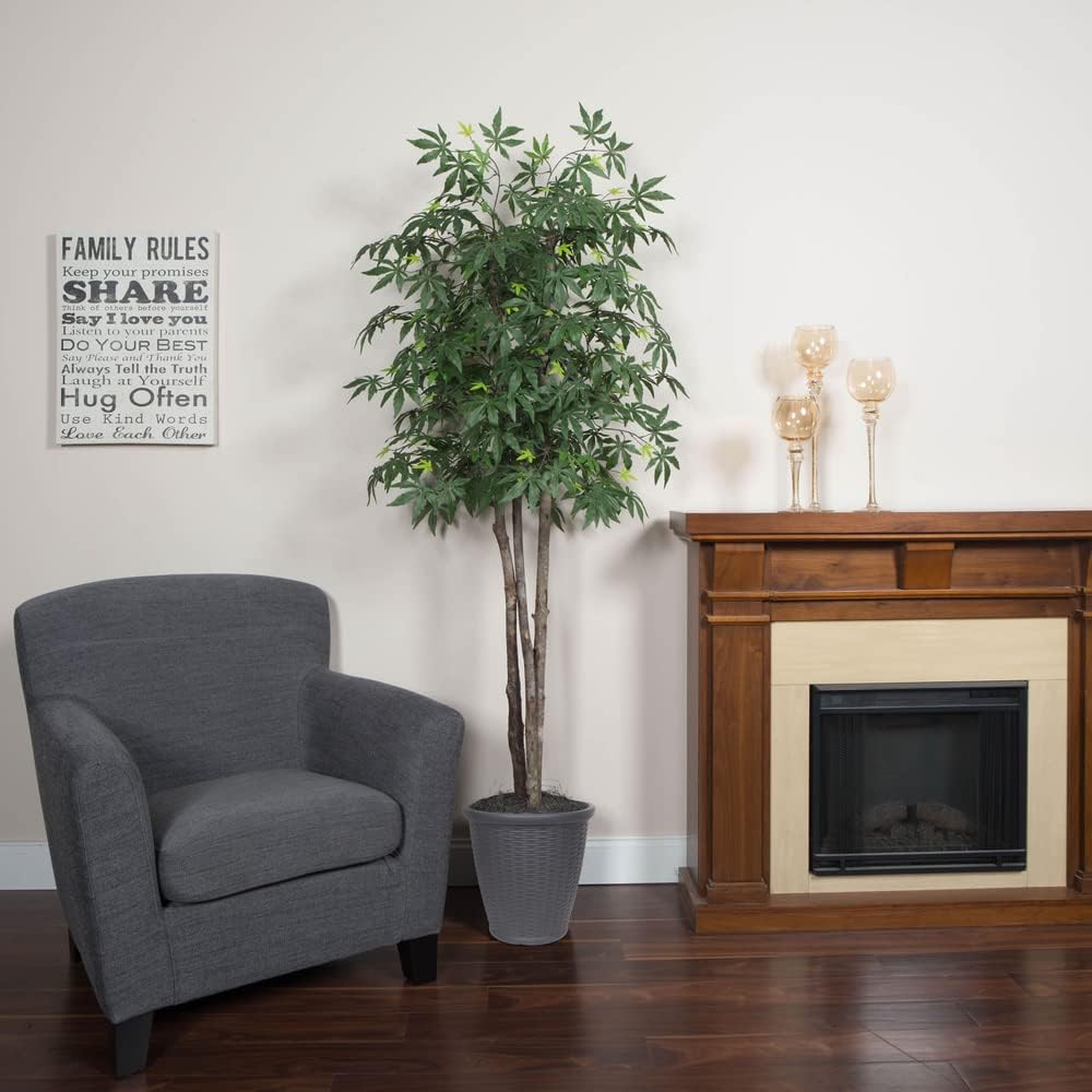 6' Artificial Japanese Maple Deluxe Tree, Gray Round Plastic Container.