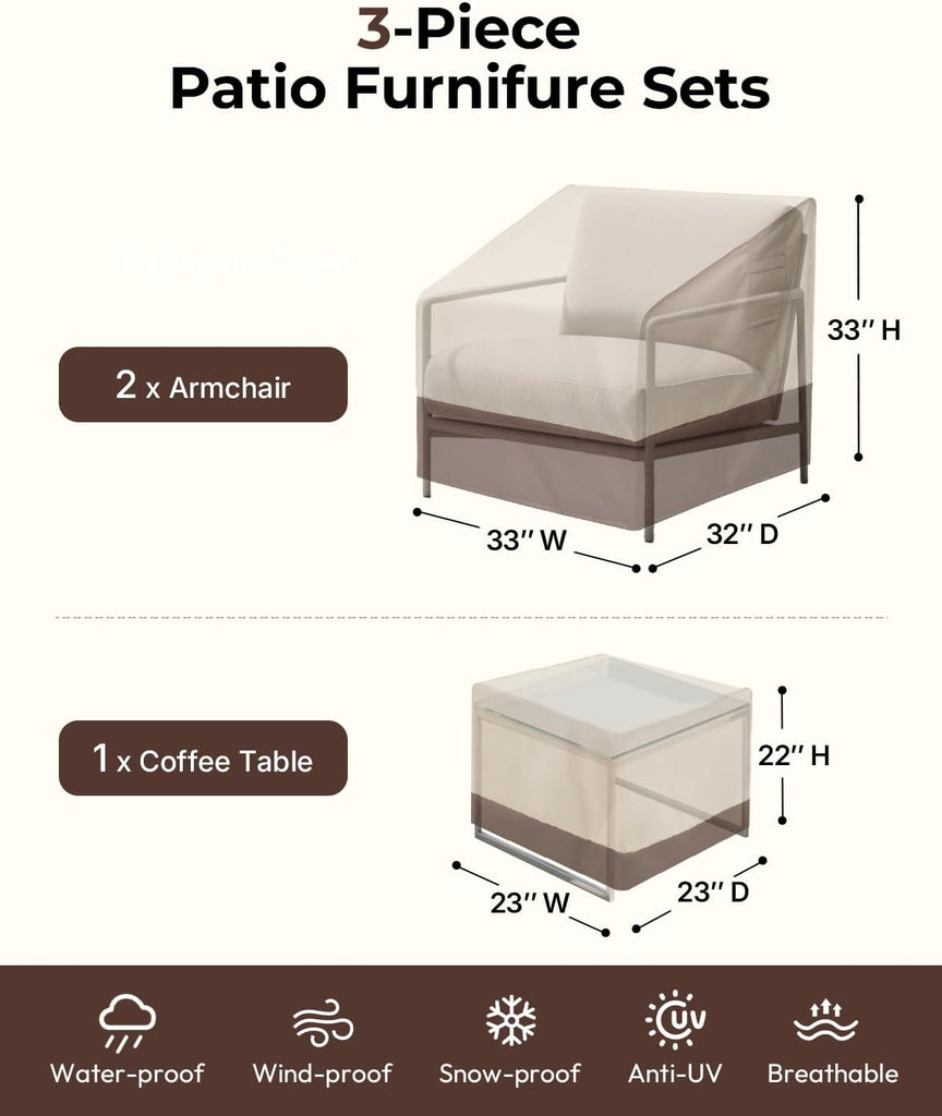 Patio Furniture Covers Set, 3 Piece Outdoor Furniture Cover Waterproof, 600D Heavy Duty Lawn Furniture Covers Set