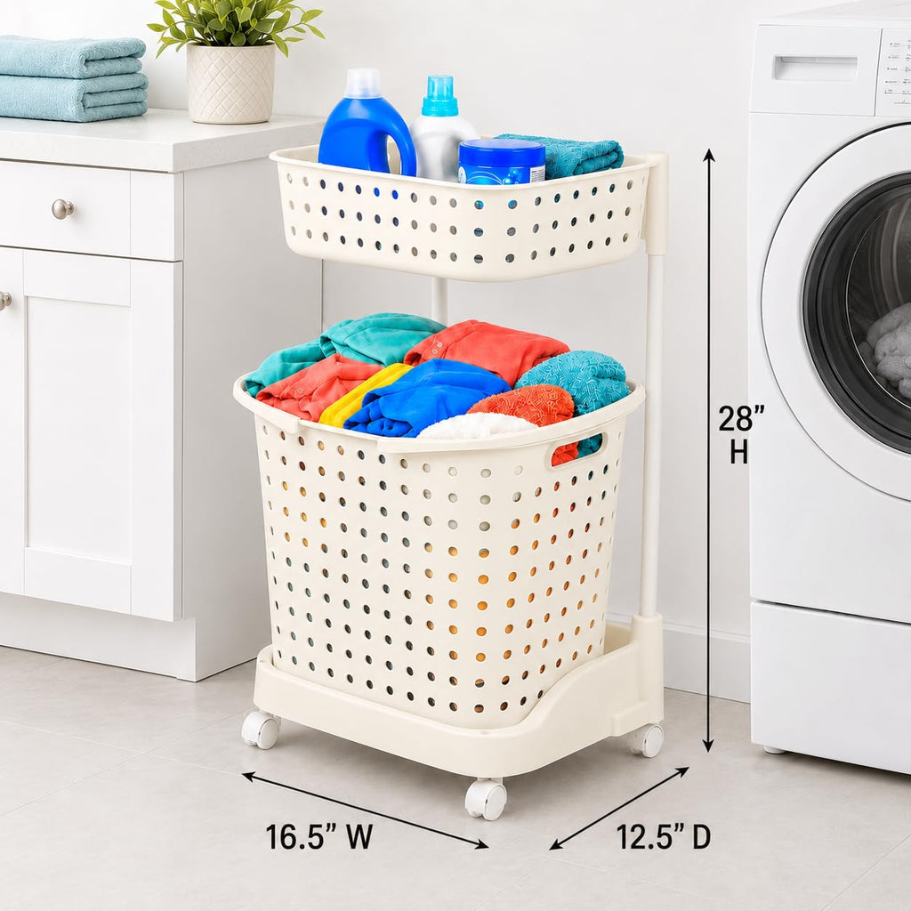 Slim Hamper with Wheels - 2 Tier Rolling Laundry Cart, Narrow Plastic Basket, Double Compartments, 360 Degree Swivel