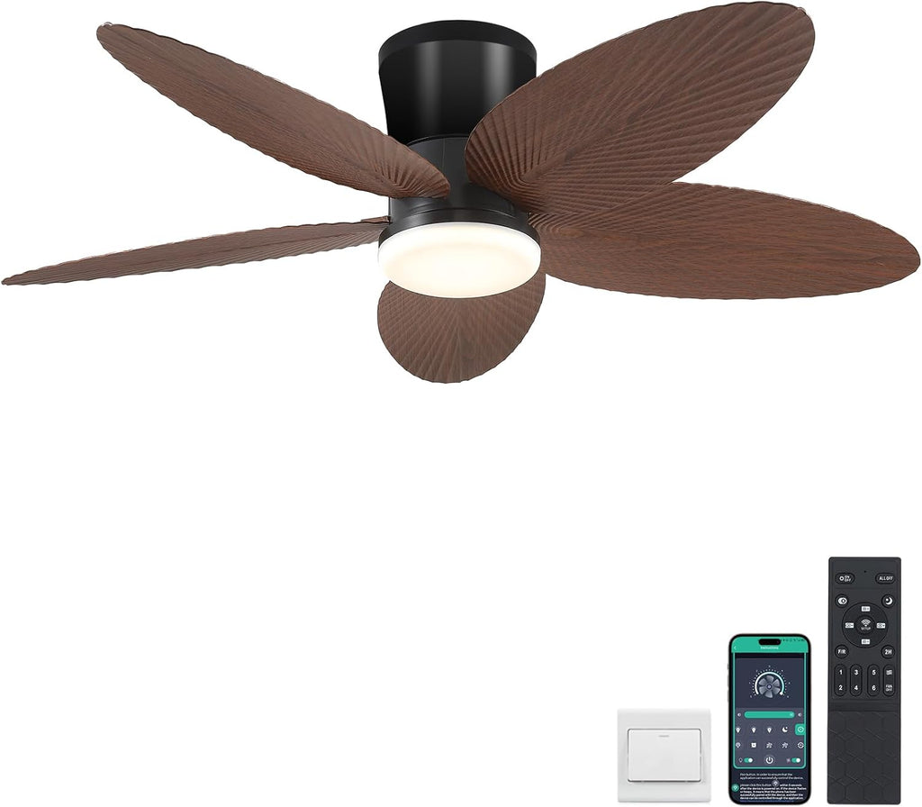 Palm Leaf Ceiling Fans with Lights-42 Tropical Ceiling Fan with Light and Remote/APP Control,Flush Mount Low Profile Ceiling Fans for Bedroom,Indoor/Outdoor Patio Use(Brown) A101-B0DLVRN4HL