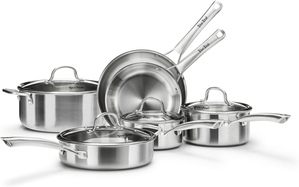 Stainless Steel Cookware Set,Tir-Ply Pots and Pans Set,10 Pcs Stainless Steel Induction Kitchen Cookware Sets,PFOA