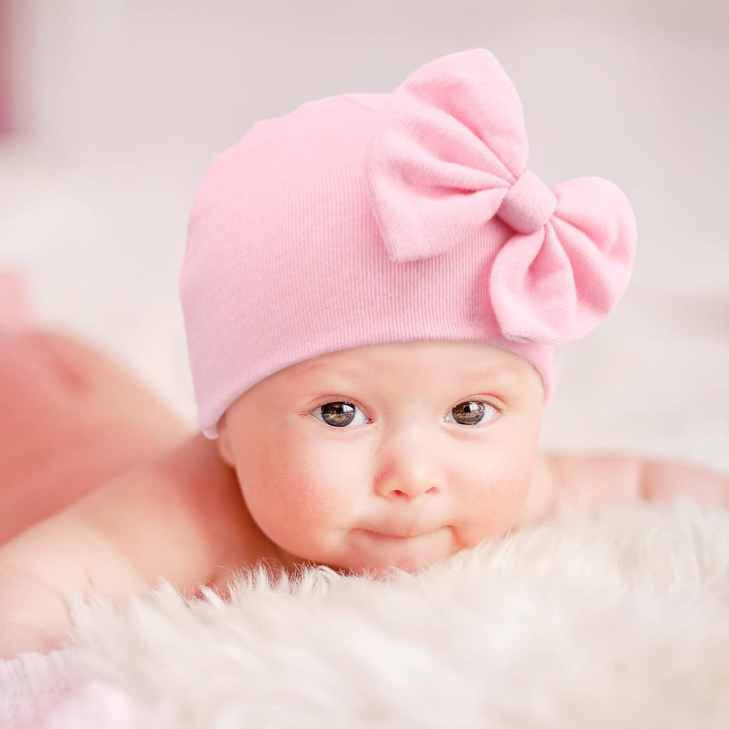 Newborn Baby Girls Hats Mittens Set Hospital Hat Beanie Infant Bow Hats Baby Cotton Gloves for 0-6 Months