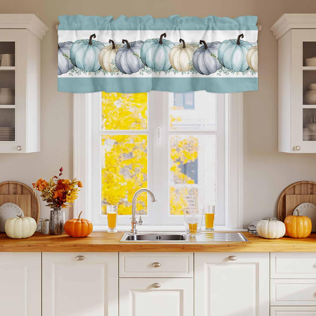 Fall Valance for Windows Blue Pumpkin Curtains Valances Harvest Thanksgiving Rod Pocket Valance Window Treatments