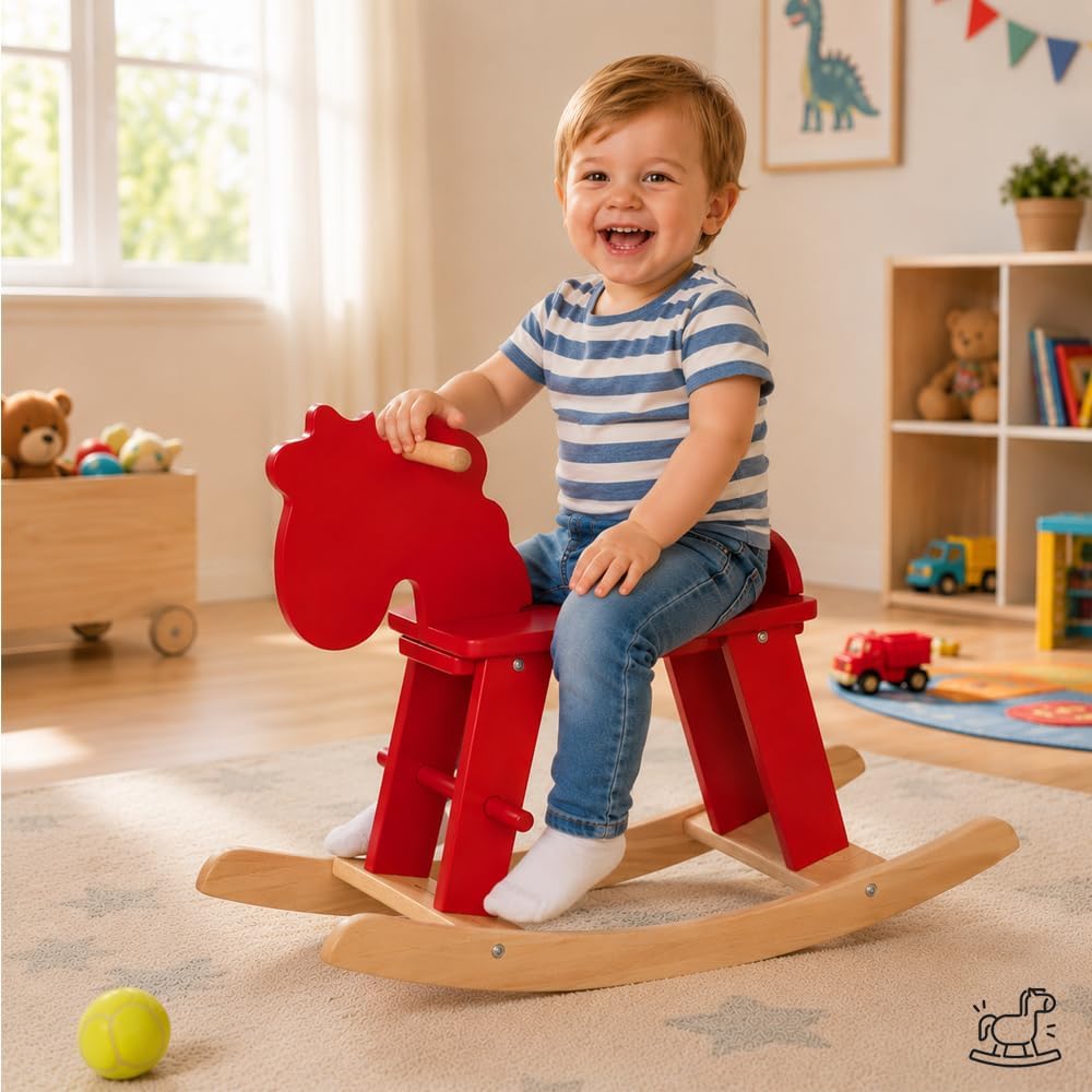Red Wooden Rocking Horse for Preschool (Ages 3-6) - Solid Rubber Wood, Safe & Comfortable Footrest, Supports Physical