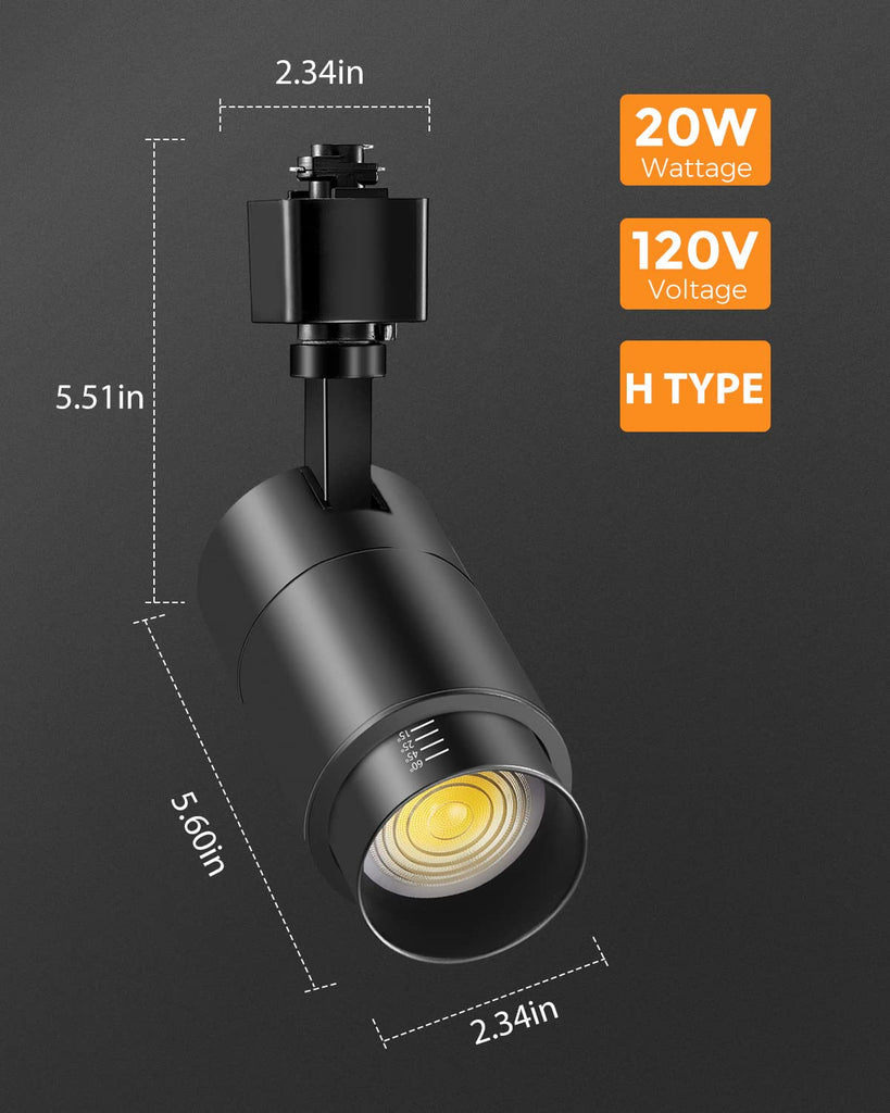 Zoomable 20W LED Track Lighting Heads H Type, Black 6 Pack