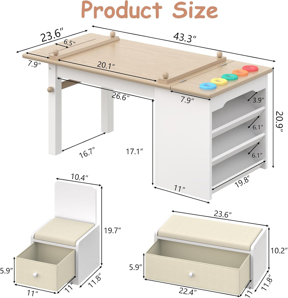 3 in 1 Kids Art Table and Chair Set, Art Desk & Easel with Storage Drawers