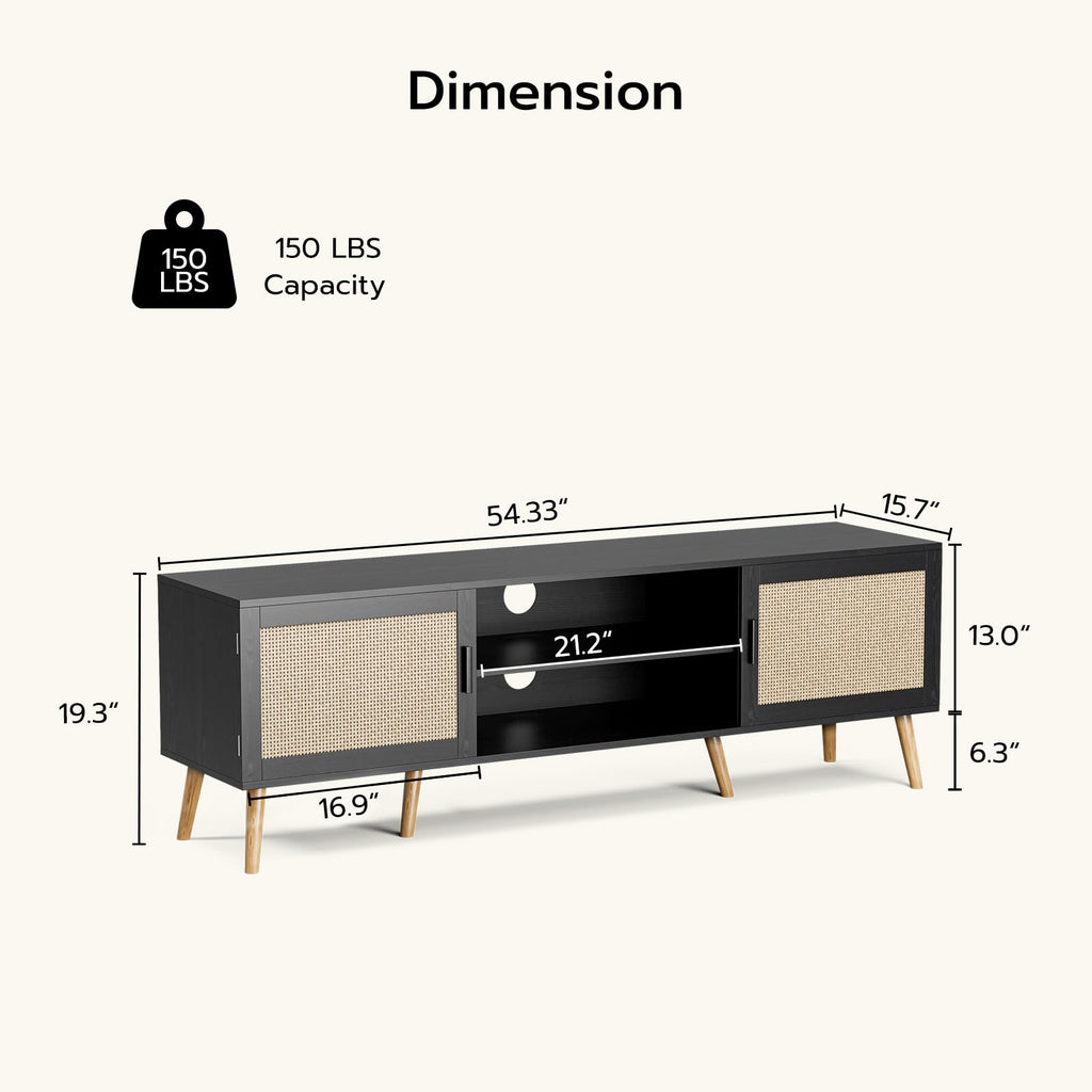 TV Stand with Rattan Doors for TVs up to 65", Mid-Century, Black