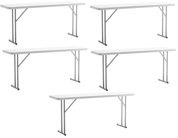 Set of 5, 5-Foot - 60" Long White Plastic Folding Seminar Training Table Portable 18" Wide Narrow, 29" High, Events
