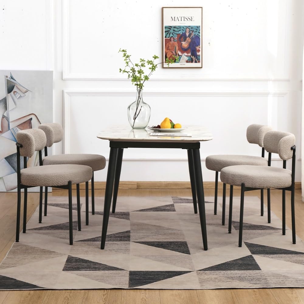 Boucle Dining Chairs Set of 2, Round Upholstered Dining Room Chairs with Black Metal Legs