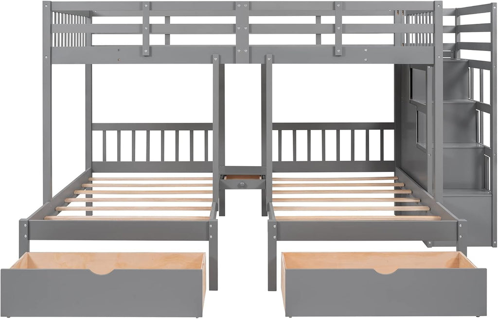 L Shaped Bunk Bed Full Over Twin Over Twin for 3, Triple Bunk Beds Frame with Storage Drawers and Staircase