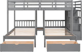 L Shaped Bunk Bed Full Over Twin Over Twin for 3, Triple Bunk Beds Frame with Storage Drawers and Staircase