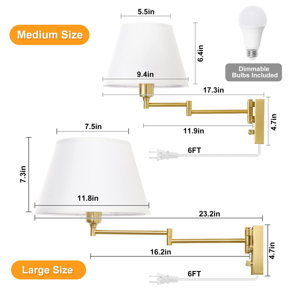 Remote Control Dimmable Wall Sconce, Adjustable Color Temperature 2700K-6500K Brushed Brass Swing Arm Wall Lights